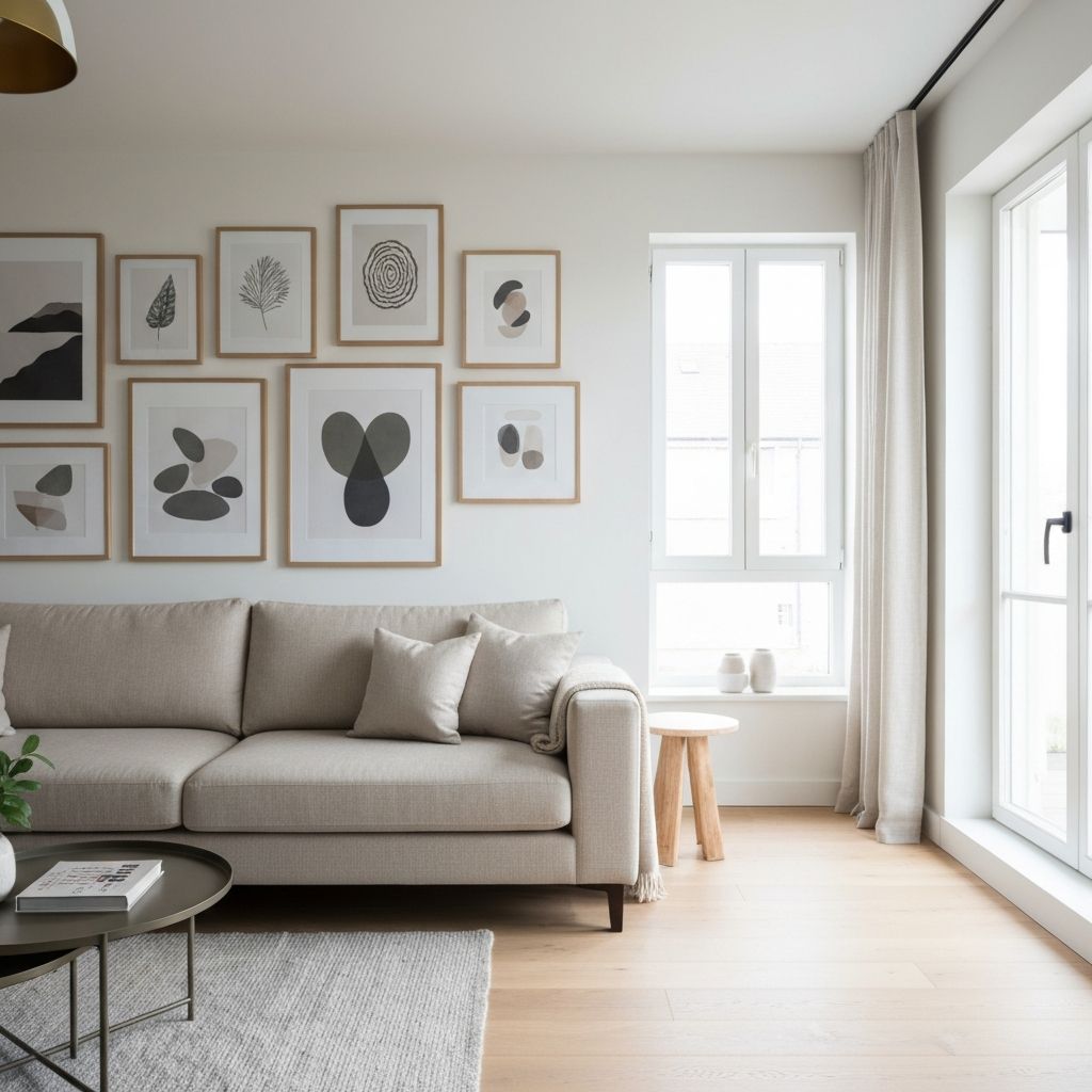 Beautiful living room with curated gallery wall featuring multiple framed art prints